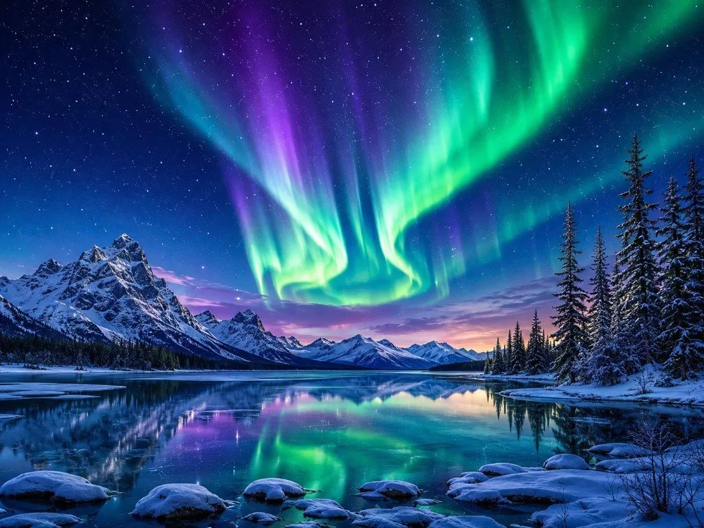 Northern lights over a landscape, one of the PuzzleBeat jigsaw photos