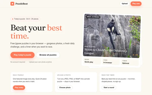 PuzzleBeat home: today's 24-piece daily puzzle for Oct 4, a photo of a Delacour's langur on a rock face, with Play today's puzzle and Browse all puzzles buttons