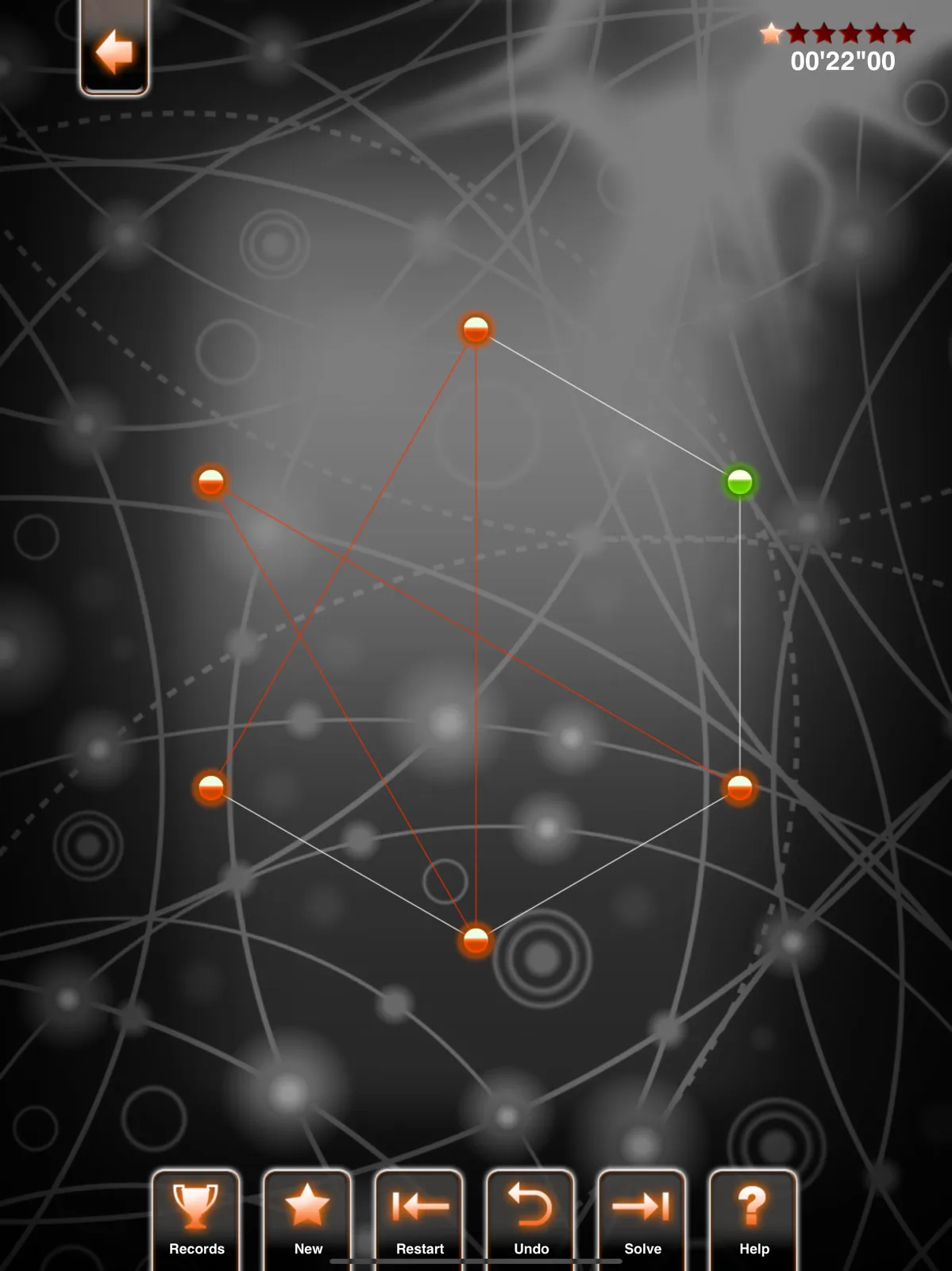 A PuzzleManiak Untangle puzzle: six orange and green points joined by crossing lines