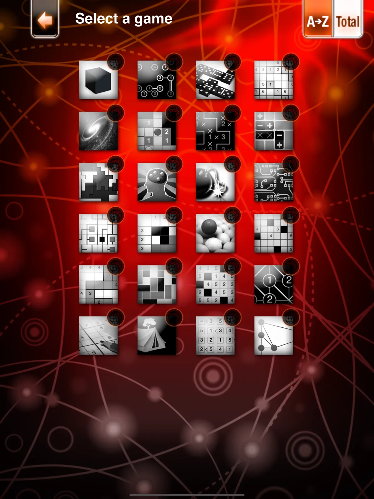 The PuzzleManiak game picker showing the icons of its 24 puzzle types