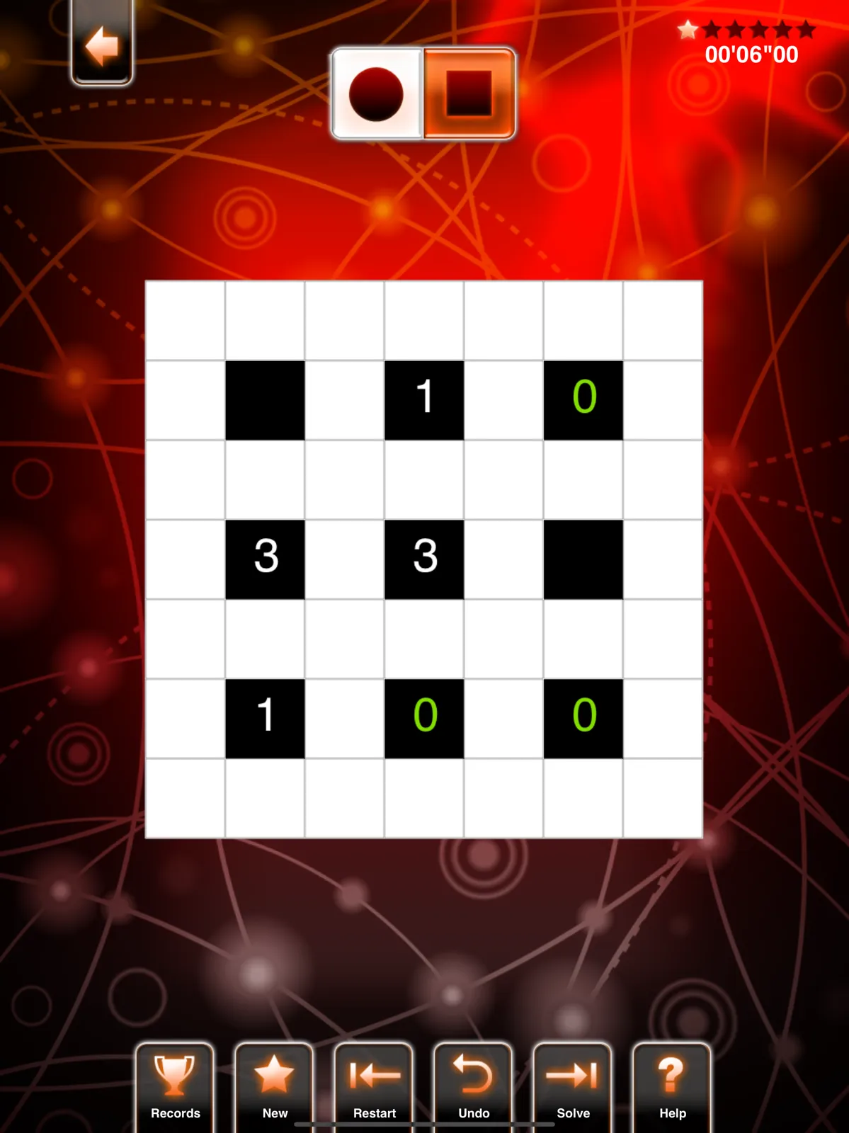 A PuzzleManiak Light Up board: a seven by seven grid of white cells with numbered black blocks, timer above