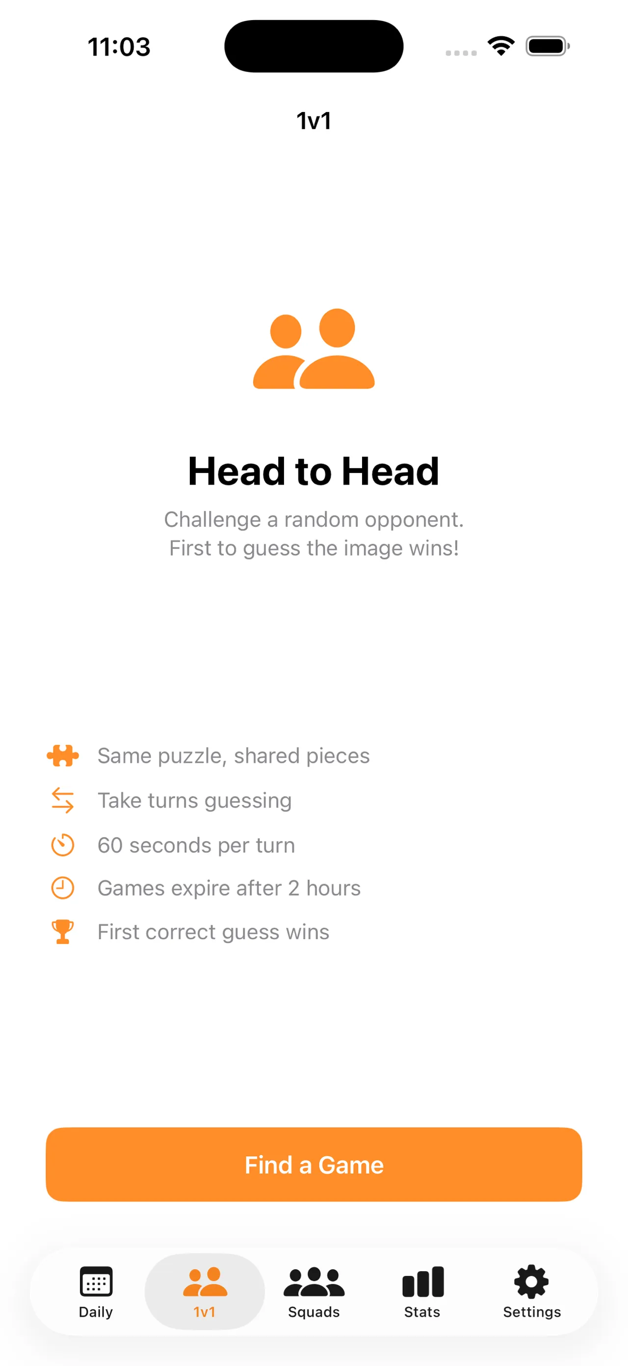 PuzzlePic's Head to Head screen listing the rules of a 1v1 duel: shared pieces, turns, 60 seconds per turn