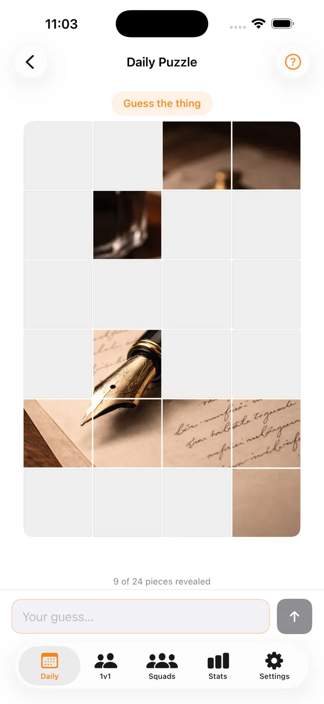 PuzzlePic's daily puzzle with 9 of 24 pieces revealed, showing parts of a fountain pen on a handwritten page, and a guess box