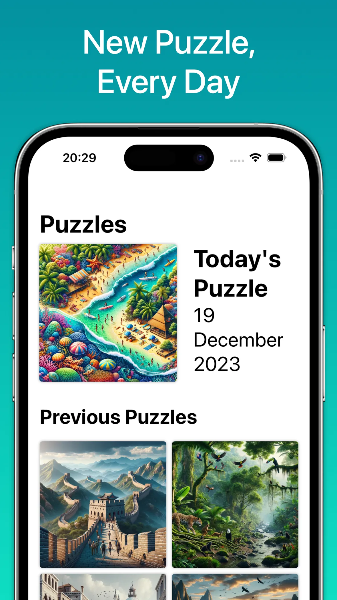 Puzzles Daily Puzzles screen: Today's Puzzle for 19 December 2023, a beach scene, above Previous Puzzles such as the Great Wall and a jungle