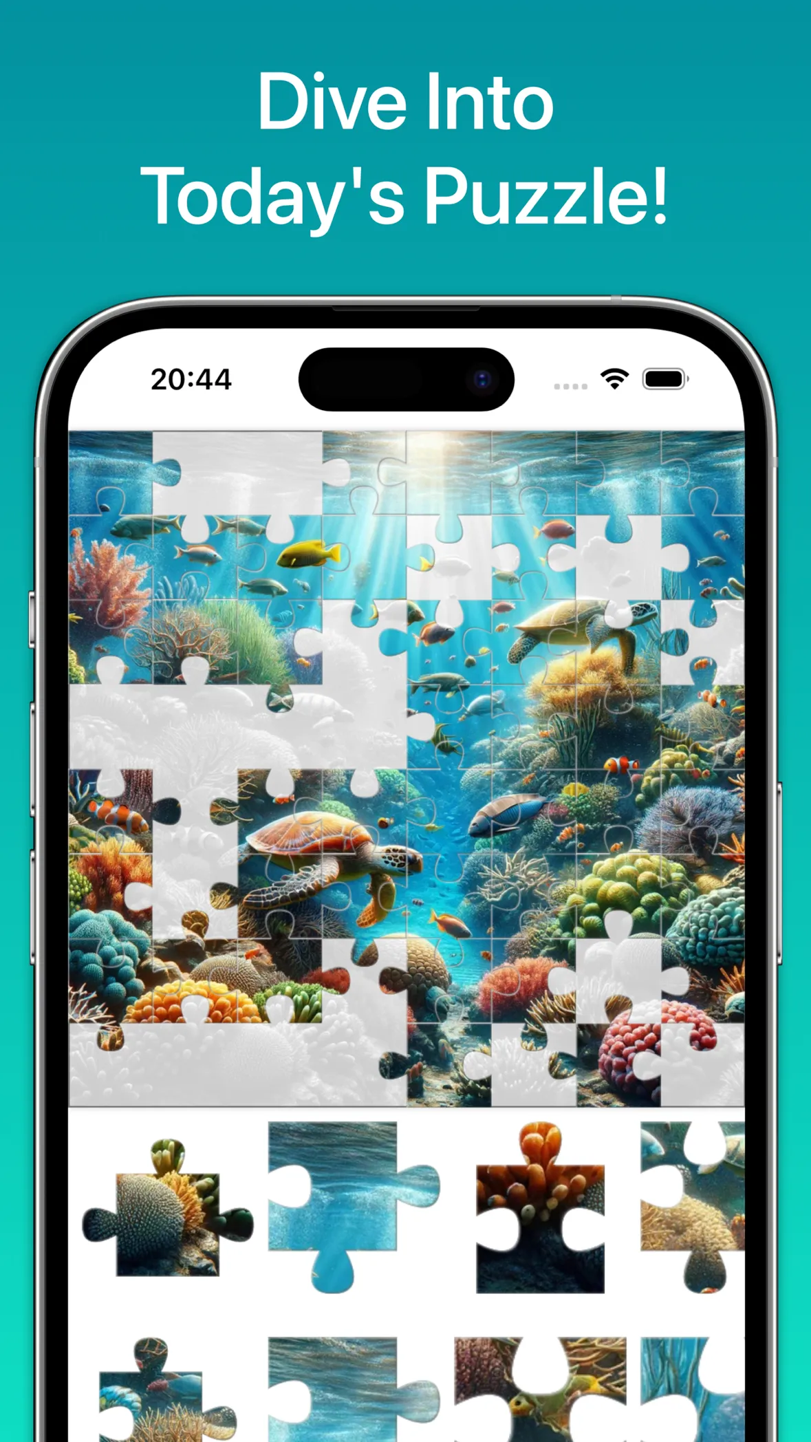 Puzzles Daily: today's puzzle half built, an underwater coral reef with sea turtles in the frame and loose pieces in the tray below