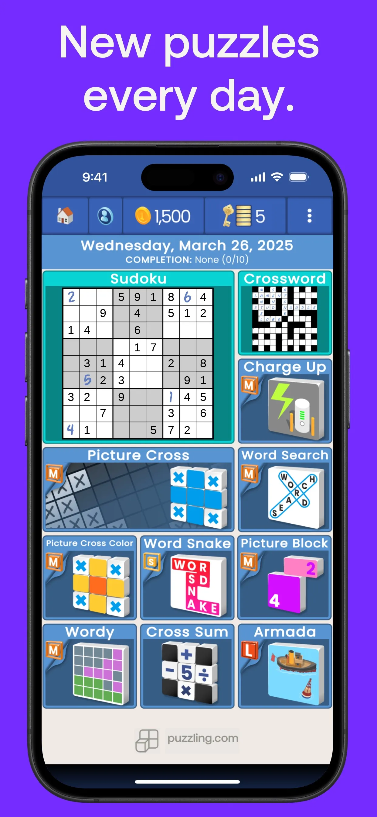 puzzling.com page for Wednesday, March 26, 2025 with completion 0 of 10: Sudoku, Crossword, Charge Up, Picture Cross, Word Search, Picture Cross Color, Word Snake, Picture Block, Wordy, Cross Sum and