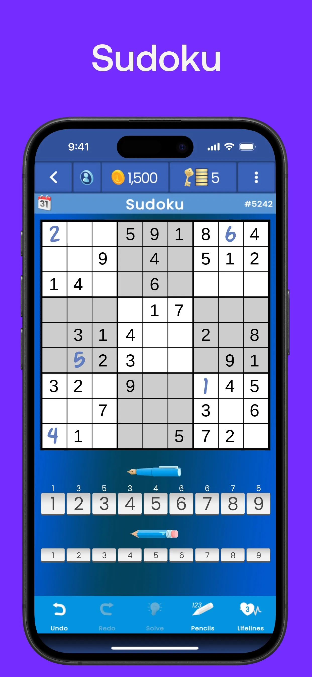 puzzling.com Sudoku #5242 partly solved, with pen and pencil number rows and Lifelines