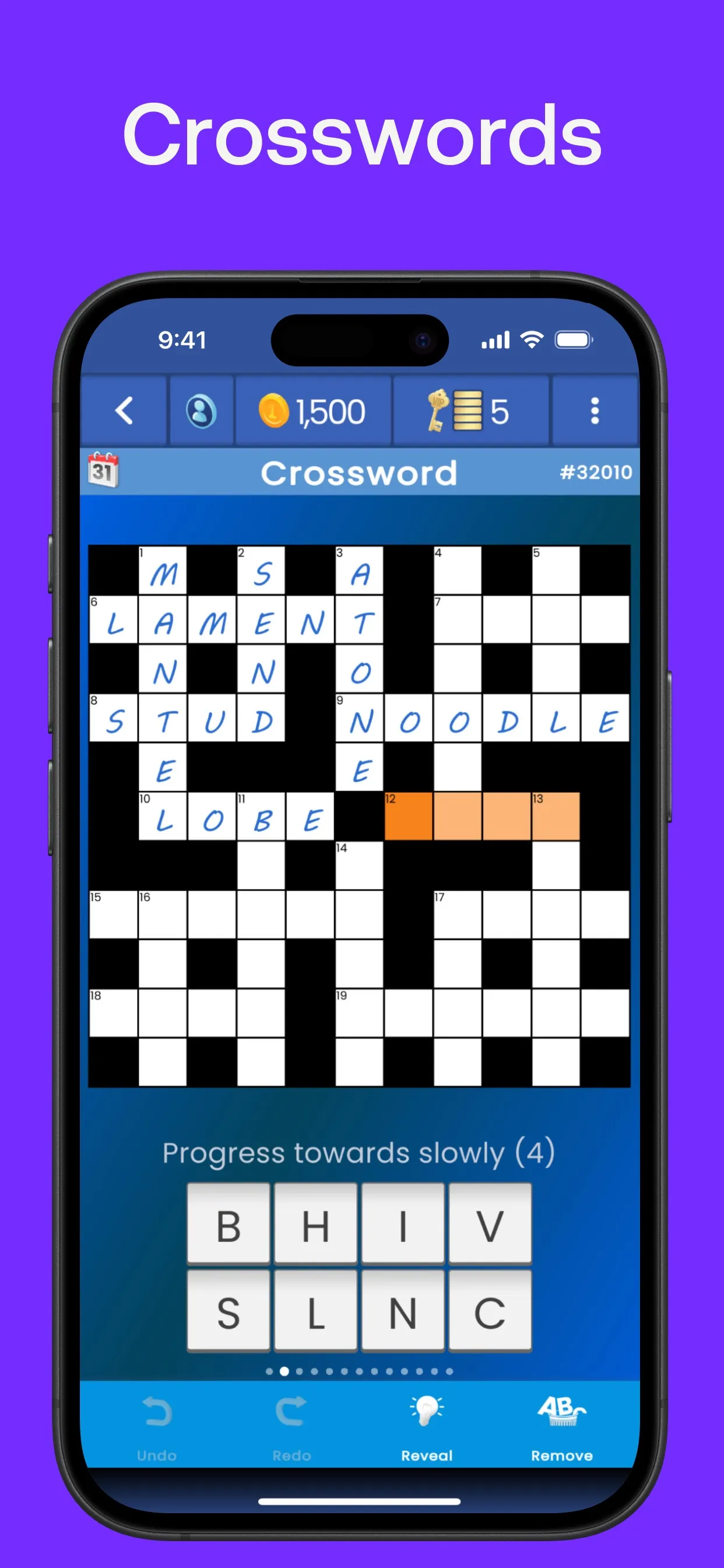 puzzling.com Crossword #32010 partly filled in, with the clue Progress towards slowly (4) and letter tiles below