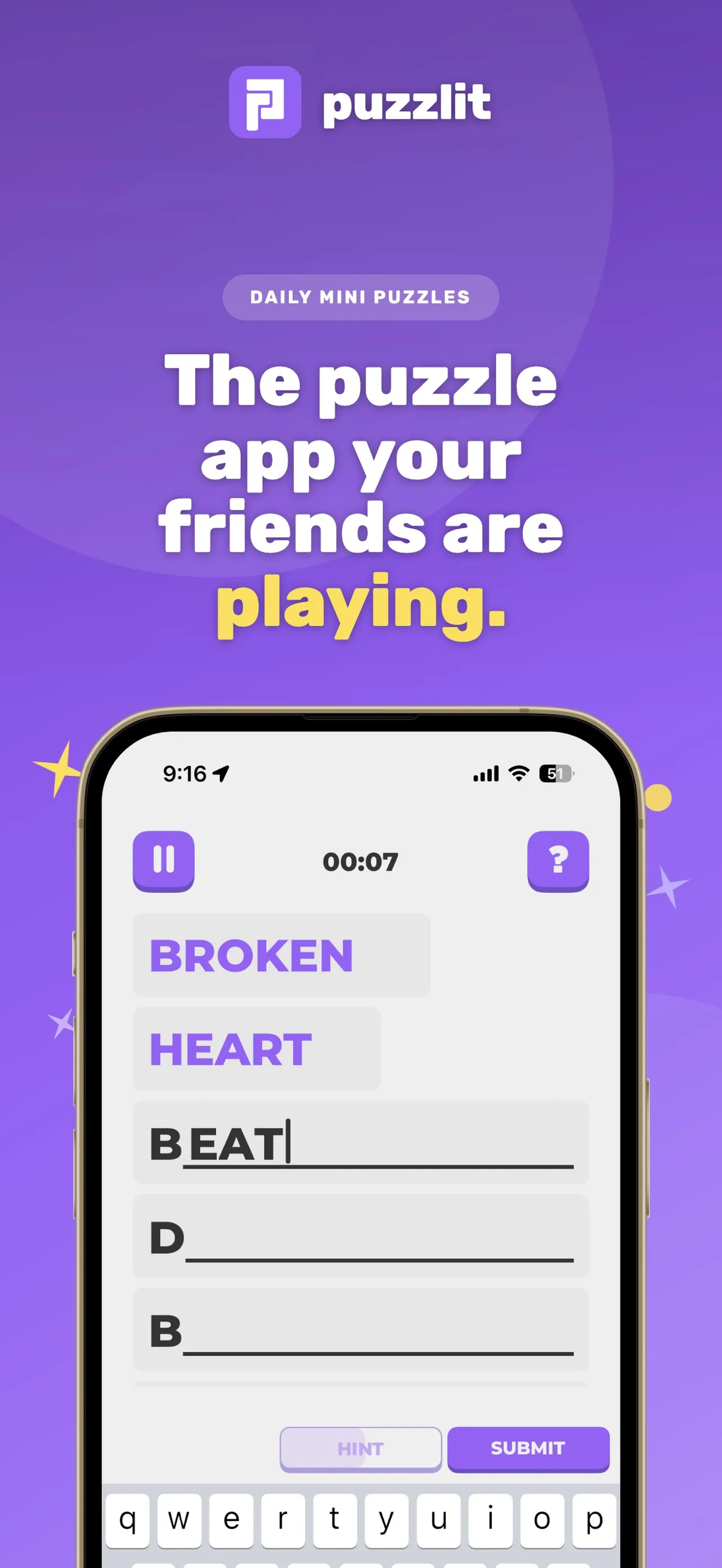 Puzzlit's ChainIt word chain: broken, heart, beat, then blanks for the next words