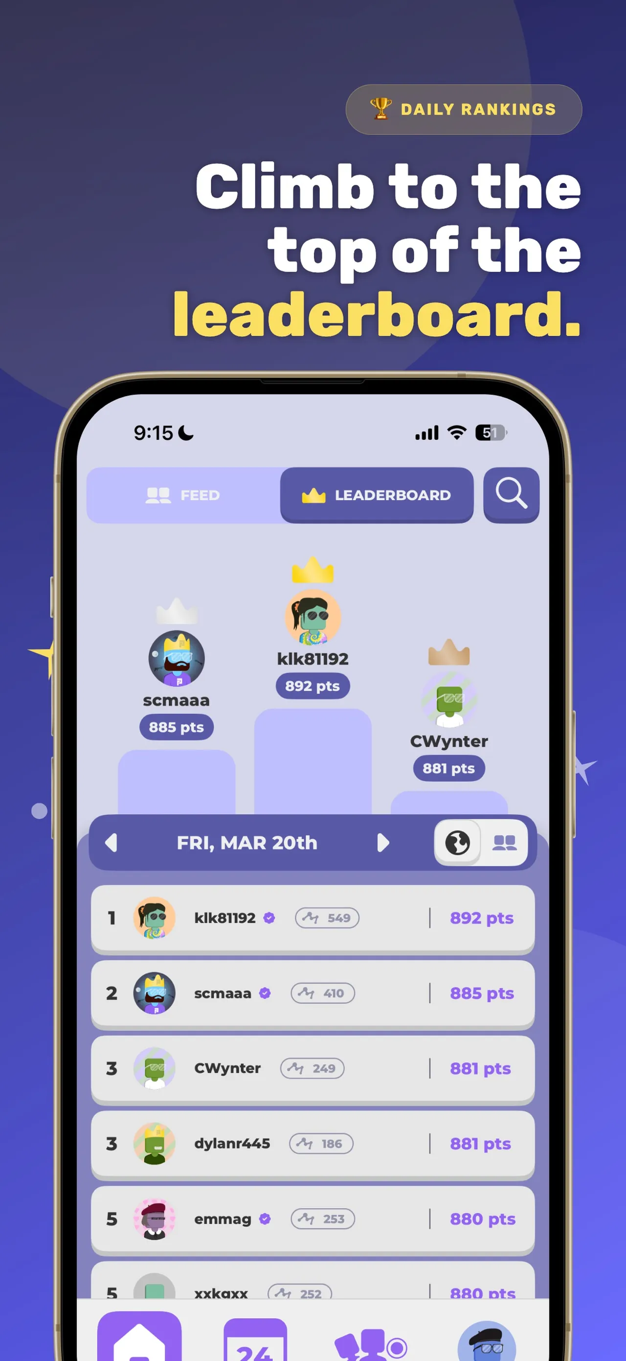Puzzlit's daily leaderboard ranking players by points for the day