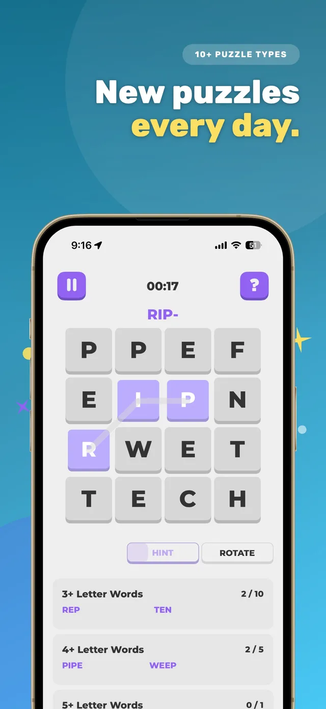 Puzzlit's WordIt puzzle: a 4x4 letter grid with lists of 3, 4 and 5 letter words to find