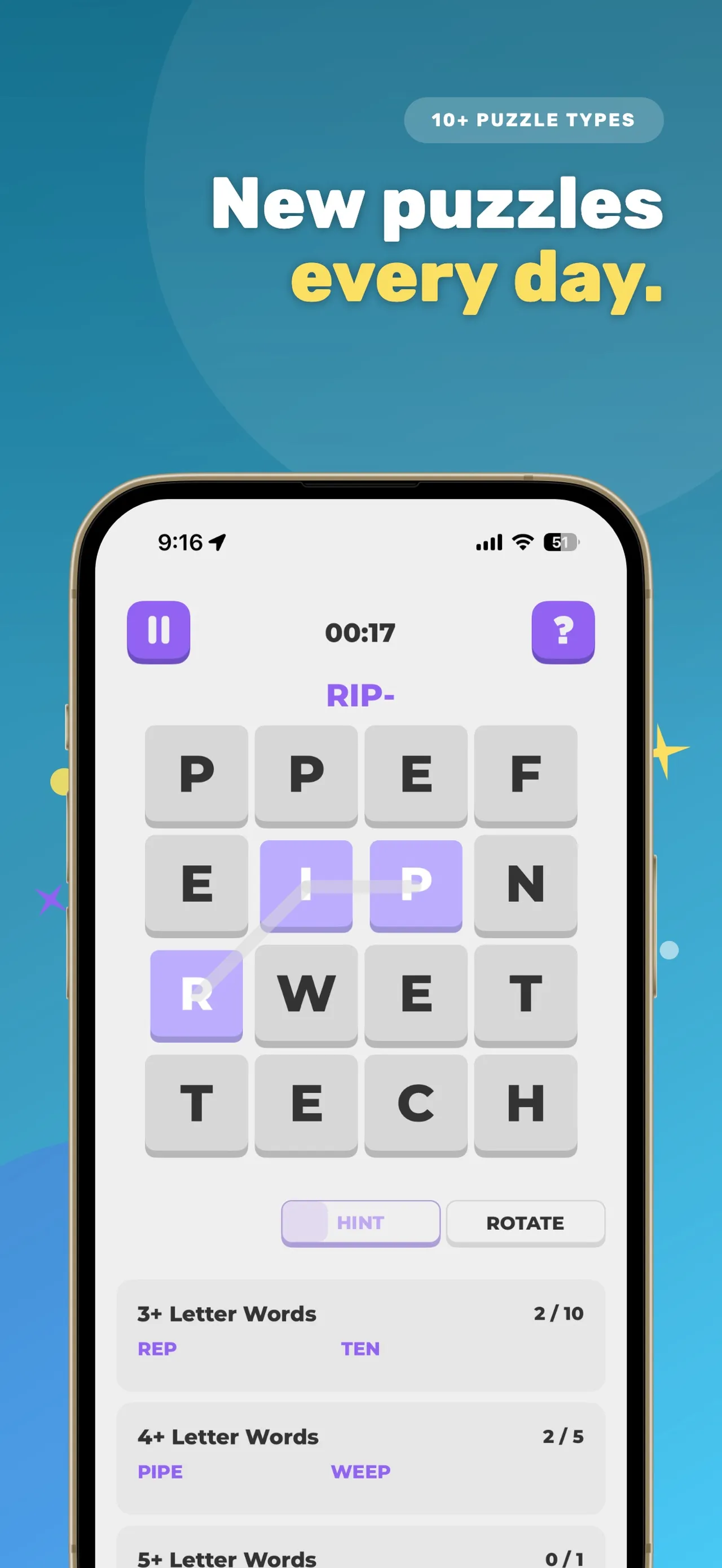 Puzzlit's WordIt puzzle: a 4x4 letter grid with lists of 3, 4 and 5 letter words to find