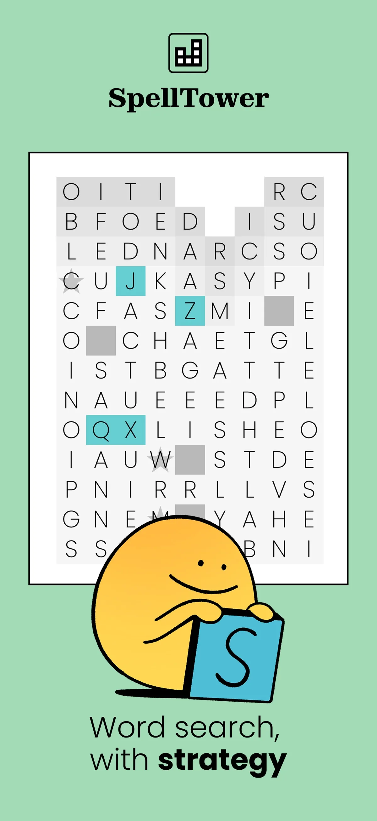 A SpellTower letter grid on Puzzmo