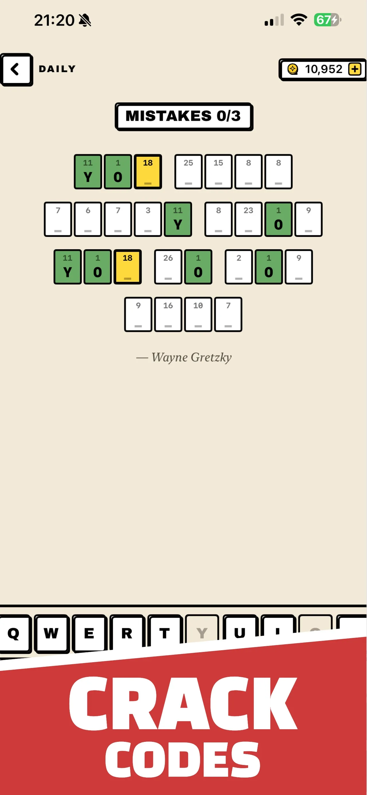 Puzzo daily cryptogram: a numbered quote by Wayne Gretzky with Y and O filled in, Mistakes 0/3 and a keyboard, under the banner Crack Codes.