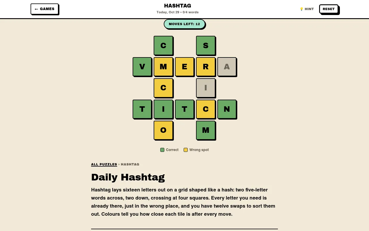 Puzzo's Hashtag for 29 October 2026 on a desktop: sixteen letter tiles on a # grid, green and yellow, with 12 moves left.