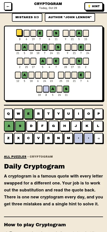 Puzzo's daily cryptogram for 29 October 2026 at phone size: a numbered quote by John Lennon with a few letters filled, Mistakes 0/3 and a keyboard.
