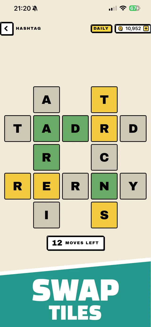 Puzzo Hashtag daily puzzle: letter tiles on a # shaped grid, some green and some yellow, with 12 moves left, under the banner Swap Tiles.