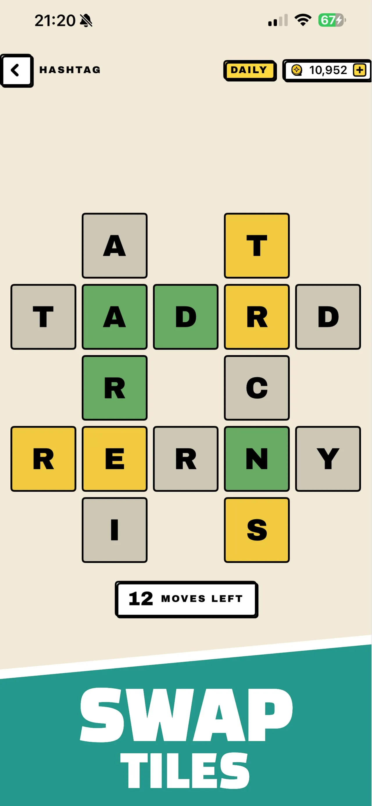 Puzzo Hashtag daily puzzle: letter tiles on a # shaped grid, some green and some yellow, with 12 moves left, under the banner Swap Tiles.