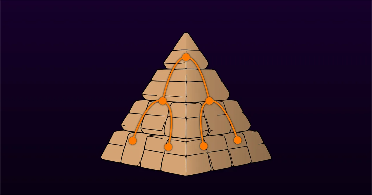 Illustrated stone pyramid with orange lines linking a top block to two below and those to four more