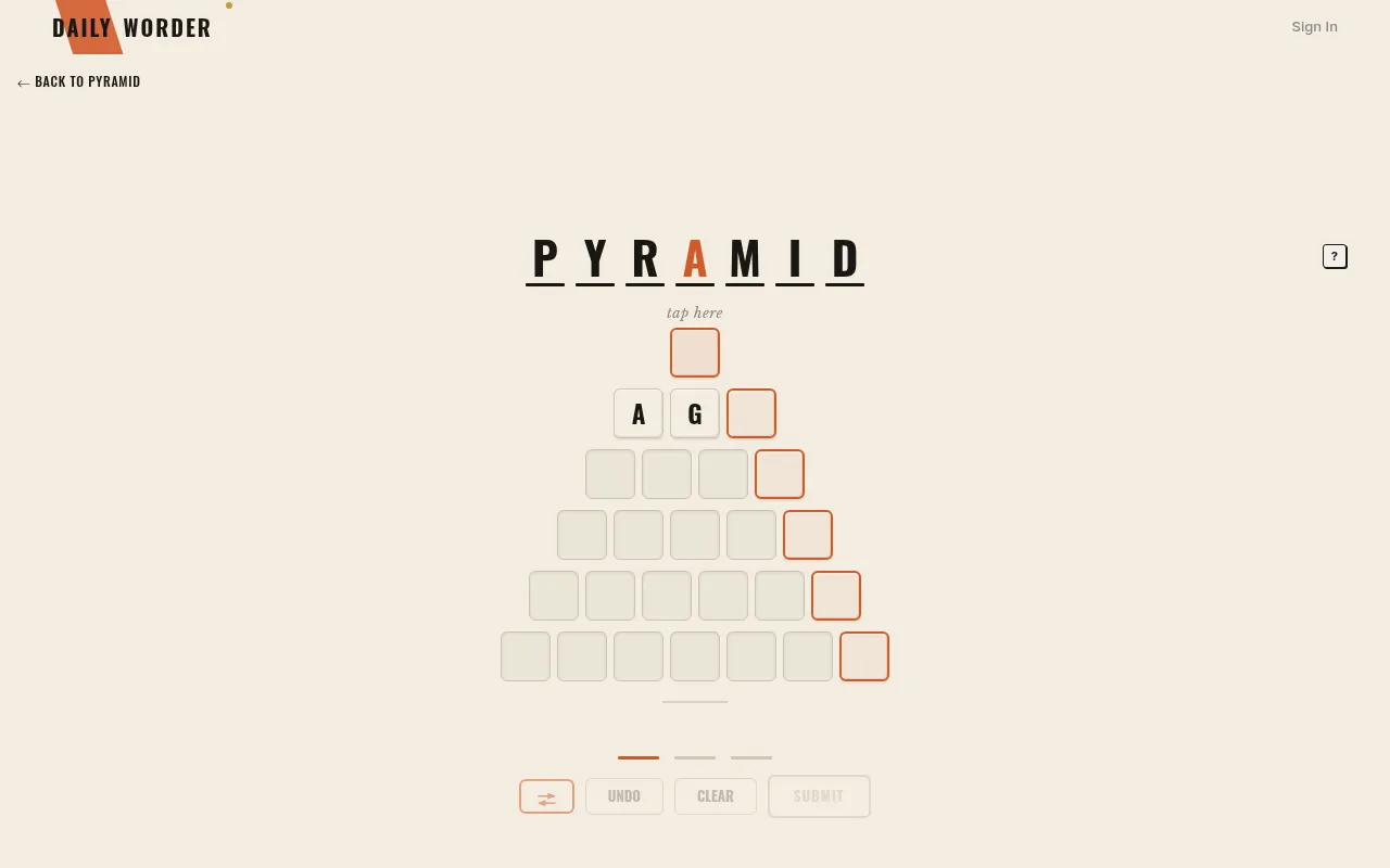 Pyramid's daily board: the PYRAMID heading above a stack of tile rows growing from one to seven tiles, the second row showing A and G, each row ending in an orange slot for the shared vowel, with Undo
