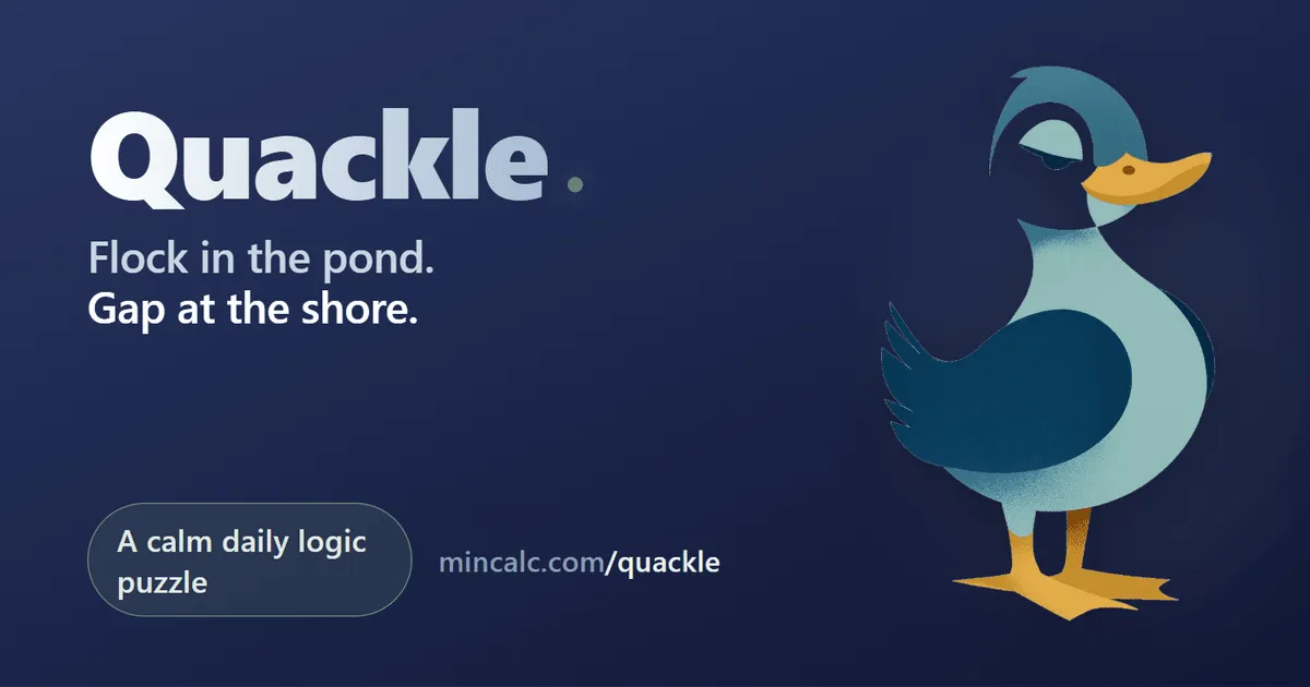 Quackle title art: an illustrated blue duck beside the name Quackle and its rule, Flock in the pond, gap at the shore