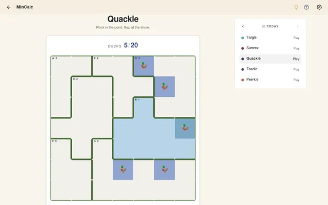 Quackle daily board: a 7x7 grid of ponds A to G with their duck counts and five ducks placed, beside MinCalc's list of the day's puzzles