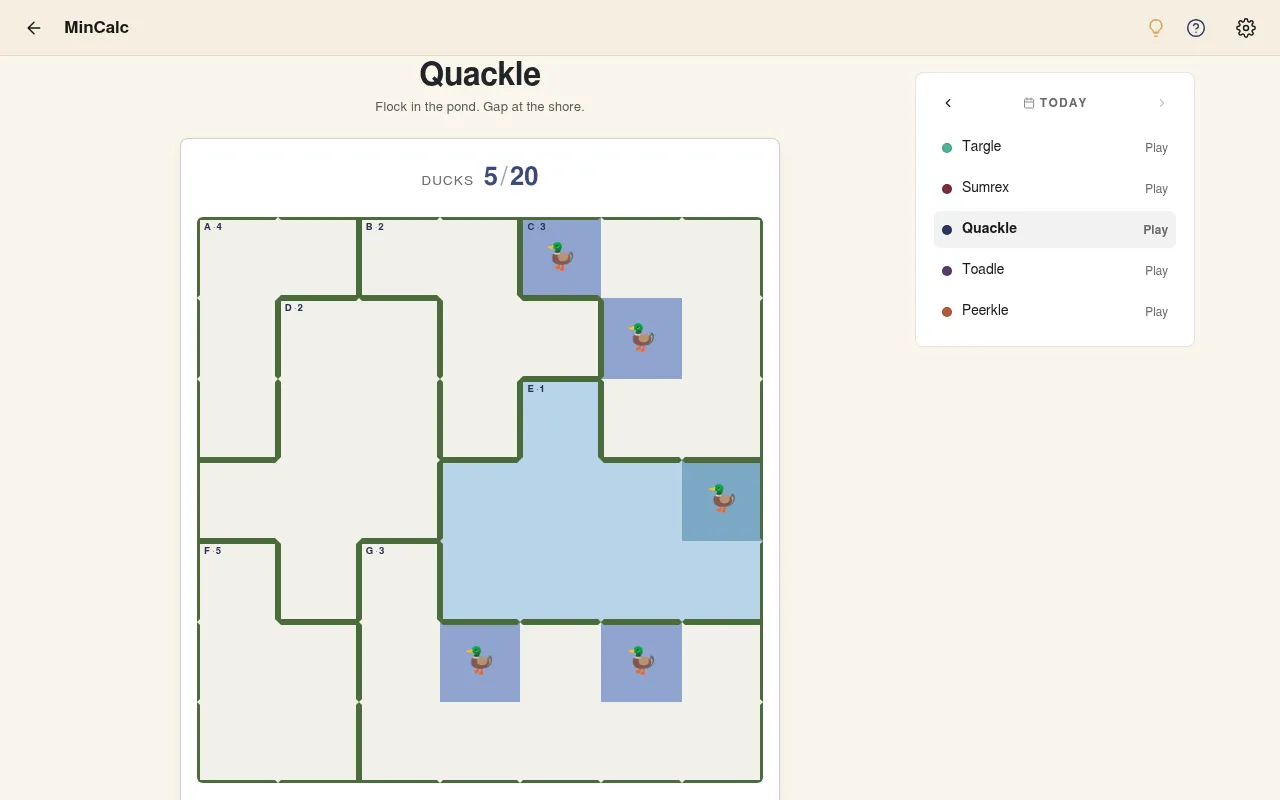 Quackle daily board: a 7x7 grid of ponds A to G with their duck counts and five ducks placed, beside MinCalc's list of the day's puzzles