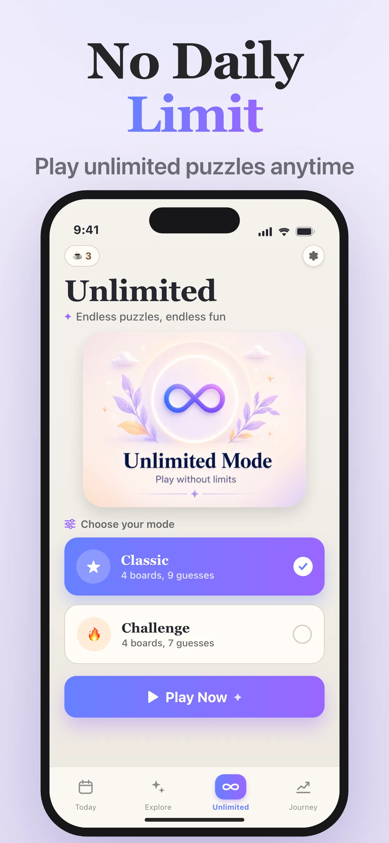 The Quad Puzzle Unlimited screen with Classic (4 boards, 9 guesses) and Challenge (4 boards, 7 guesses) modes