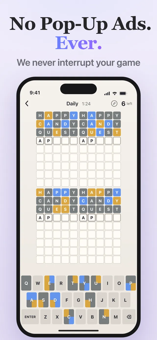 Quad Puzzle's Daily on an iPhone: four word grids with the guesses HAPPY, CANDY and QUEST coloured blue, amber and grey, six guesses left and a four-colour keyboard