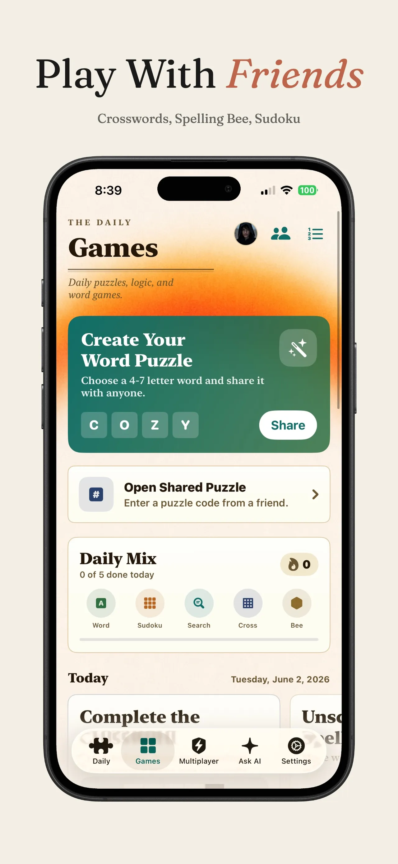 Quad Words' Games screen with a word puzzle to share with friends and the Daily Mix of extra puzzles