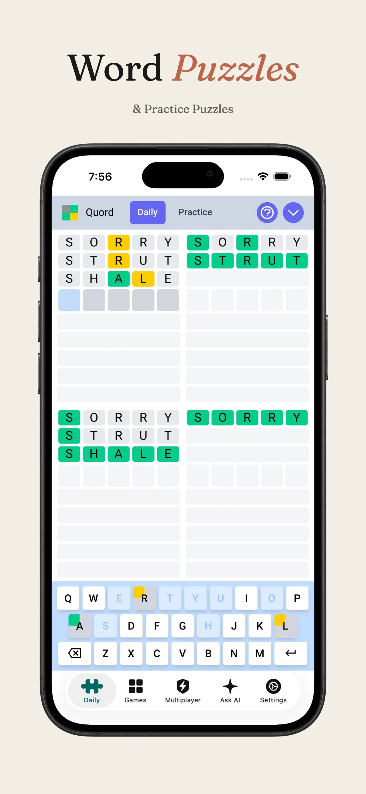 Quad Words' daily puzzle on an iPhone: four Wordle-style boards with green and yellow tiles above a keyboard