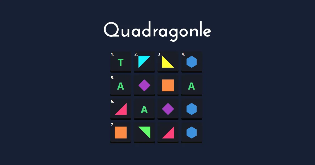 Quadragonle banner with a 4x4 grid of coloured shapes and a few revealed letters T and A
