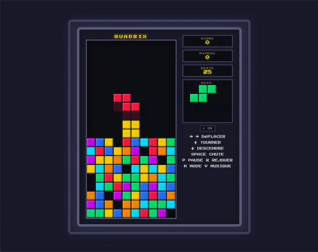 Quadrix cover: a well piled with coloured blocks and a red Z piece falling, beside score, level, lines left and next piece panels