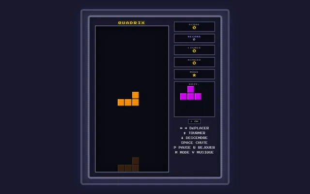 Quadrix in Daily mode: an orange L piece falling into an empty dark well, a magenta T in the next box, score, record, lines and level panels at the side