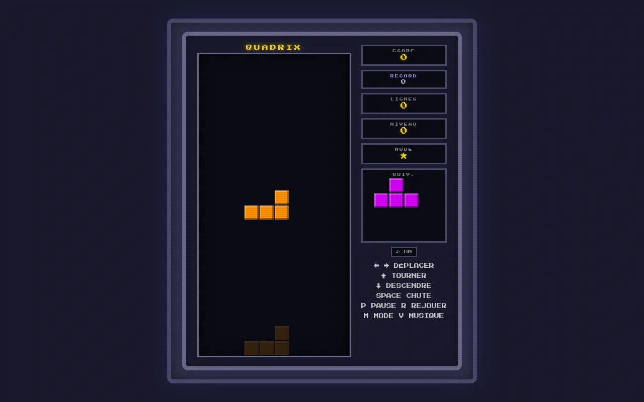 Quadrix in Daily mode: an orange L piece falling into an empty dark well, a magenta T in the next box, score, record, lines and level panels at the side