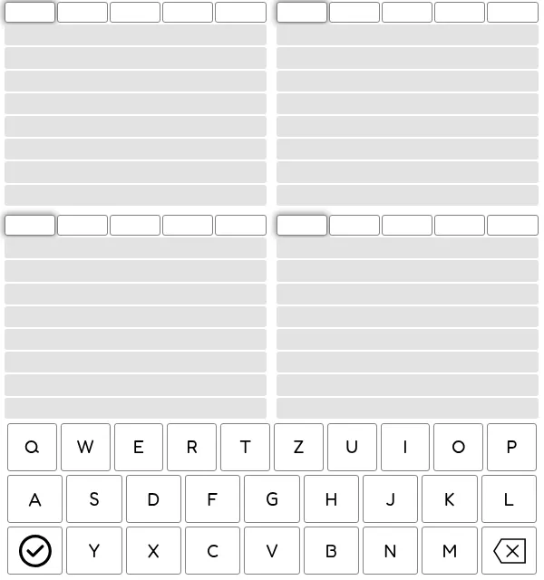 QuadWords board on Gridgames before the first guess: four empty five-letter boards in a two by two layout, each with its active row on top, above a German QWERTZ keyboard