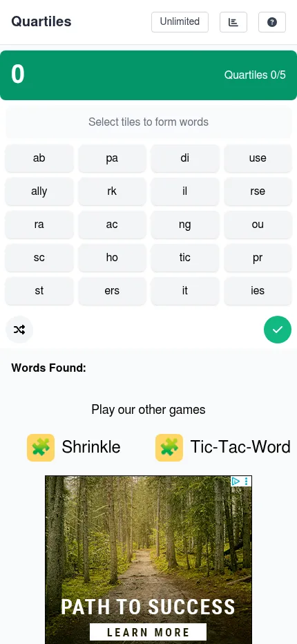 Quartiles Game daily grid at phone size, the twenty tiles filling the width with the shuffle and submit buttons below