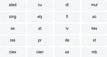Quartiles Game daily grid: twenty tiles of two to four letters such as ated, cu, mul, sing, cien and lies, in four columns