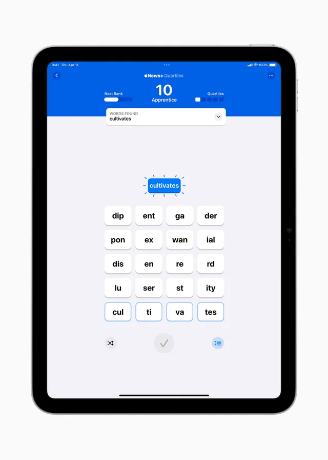 A Quartiles grid of letter tiles in Apple News on iPhone