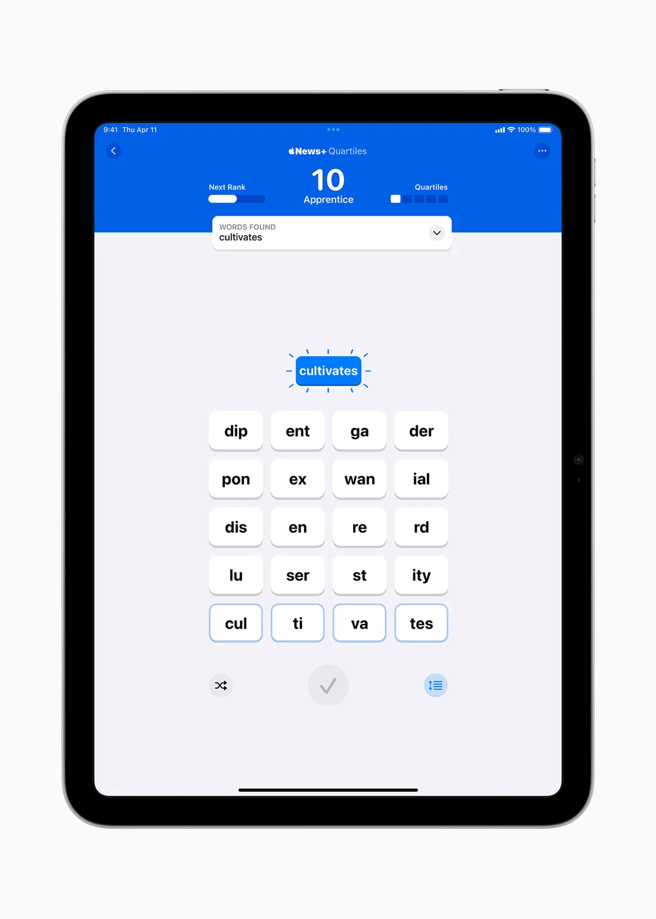 A Quartiles grid of letter tiles in Apple News on iPhone