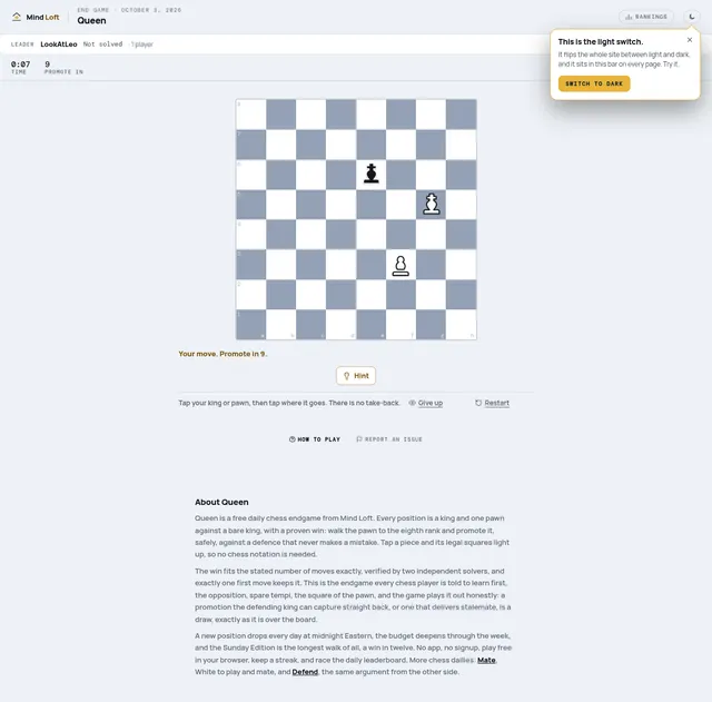Queen on Mind Loft for October 3, 2026: a chessboard with a white king on g5 and white pawn on f3 against the black king on e6, captioned Your move. Promote in 9, with Hint, Give up and Restart