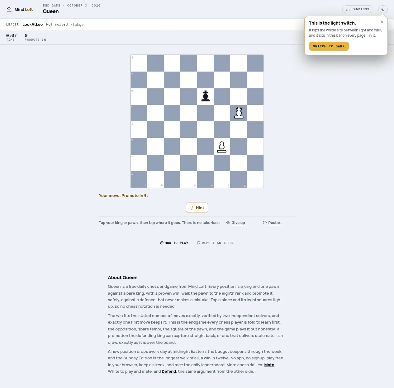 Queen on Mind Loft for October 3, 2026: a chessboard with a white king on g5 and white pawn on f3 against the black king on e6, captioned Your move. Promote in 9, with Hint, Give up and Restart