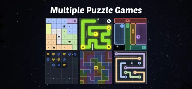 QueenBoard store picture showing six of its puzzle boards: a solved queens grid, numbered path puzzles, a heart and gem grid and a colour block puzzle