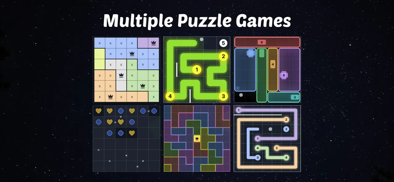 QueenBoard store picture showing six of its puzzle boards: a solved queens grid, numbered path puzzles, a heart and gem grid and a colour block puzzle