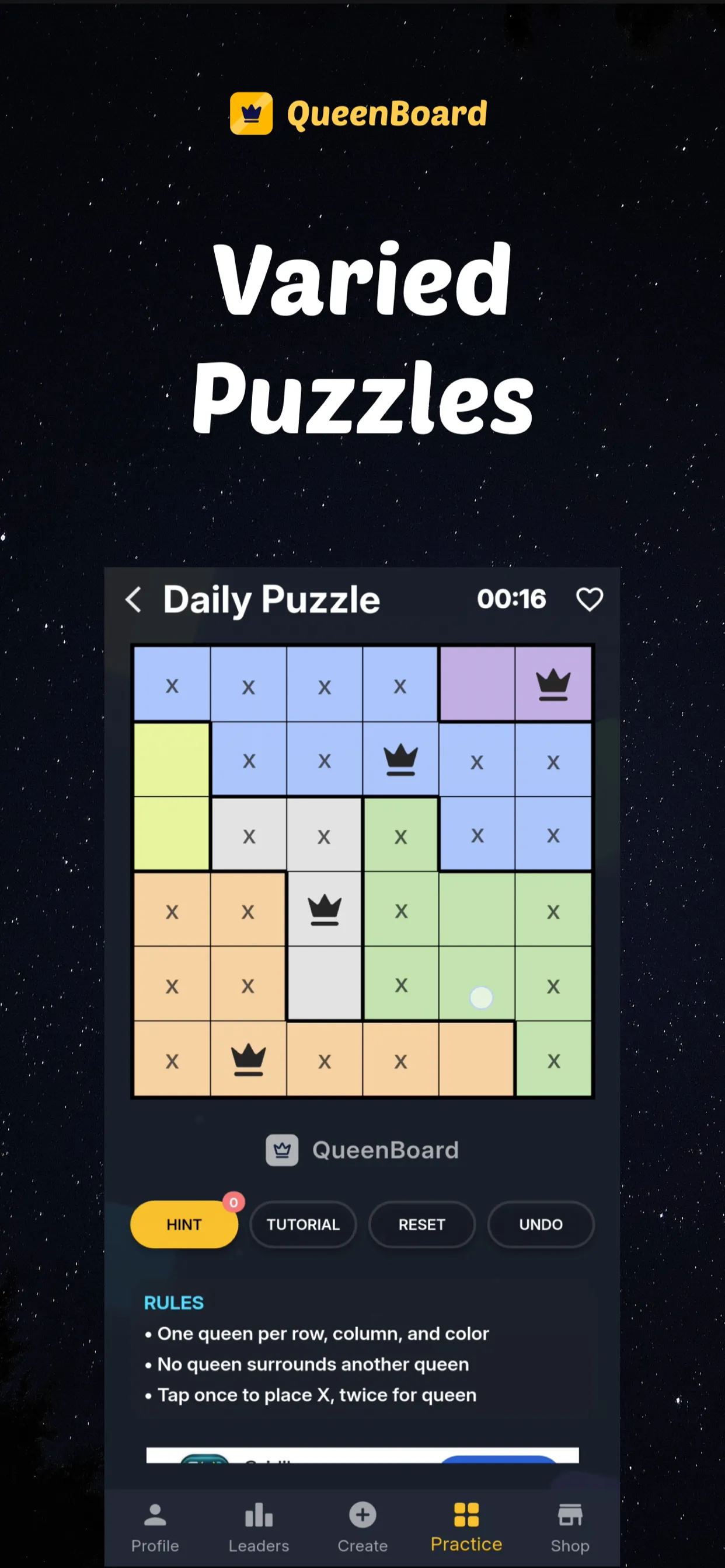 QueenBoard's queens Daily Puzzle: a 6x6 grid of colour regions with queens and X marks, a timer, and the rules below
