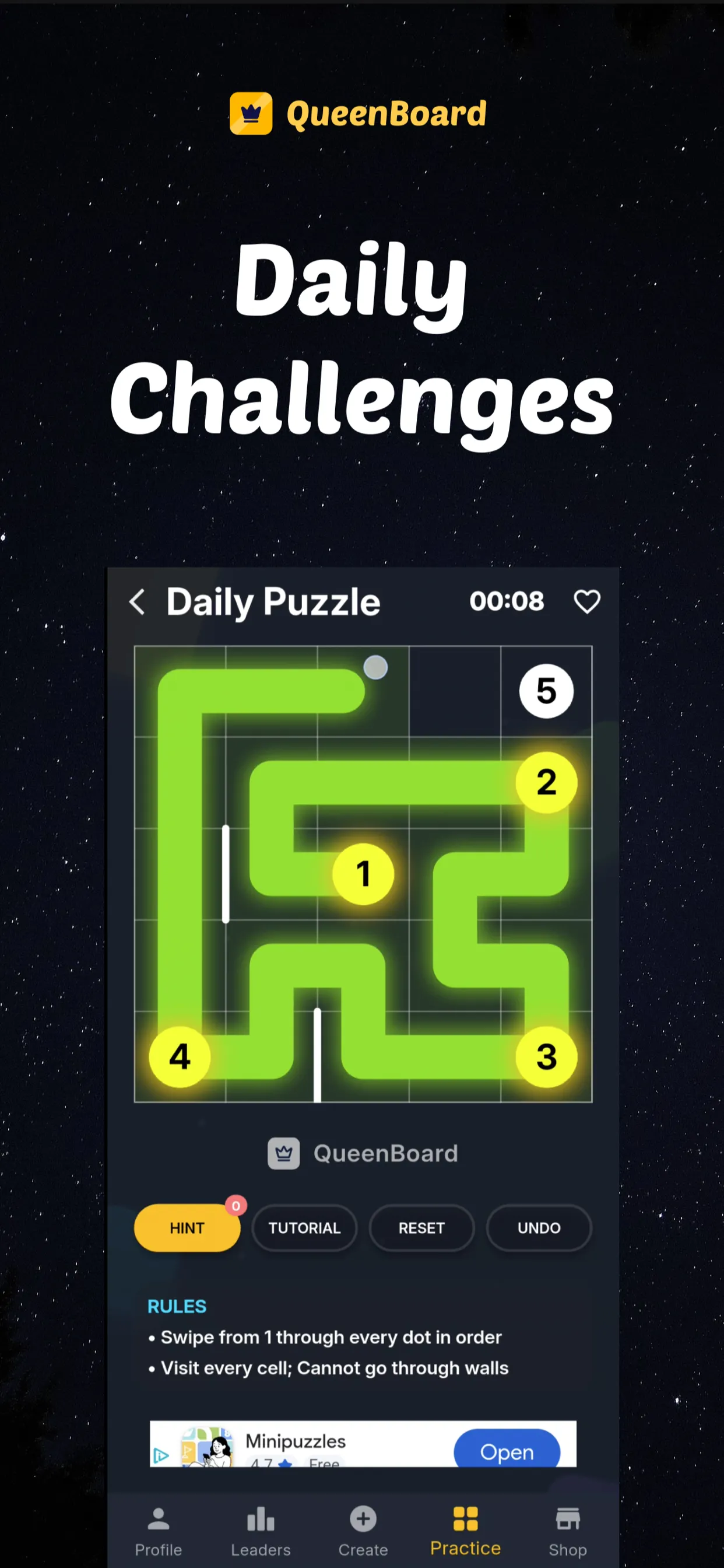 QueenBoard's path Daily Puzzle: a green line drawn from dot 1 through numbered dots past two walls