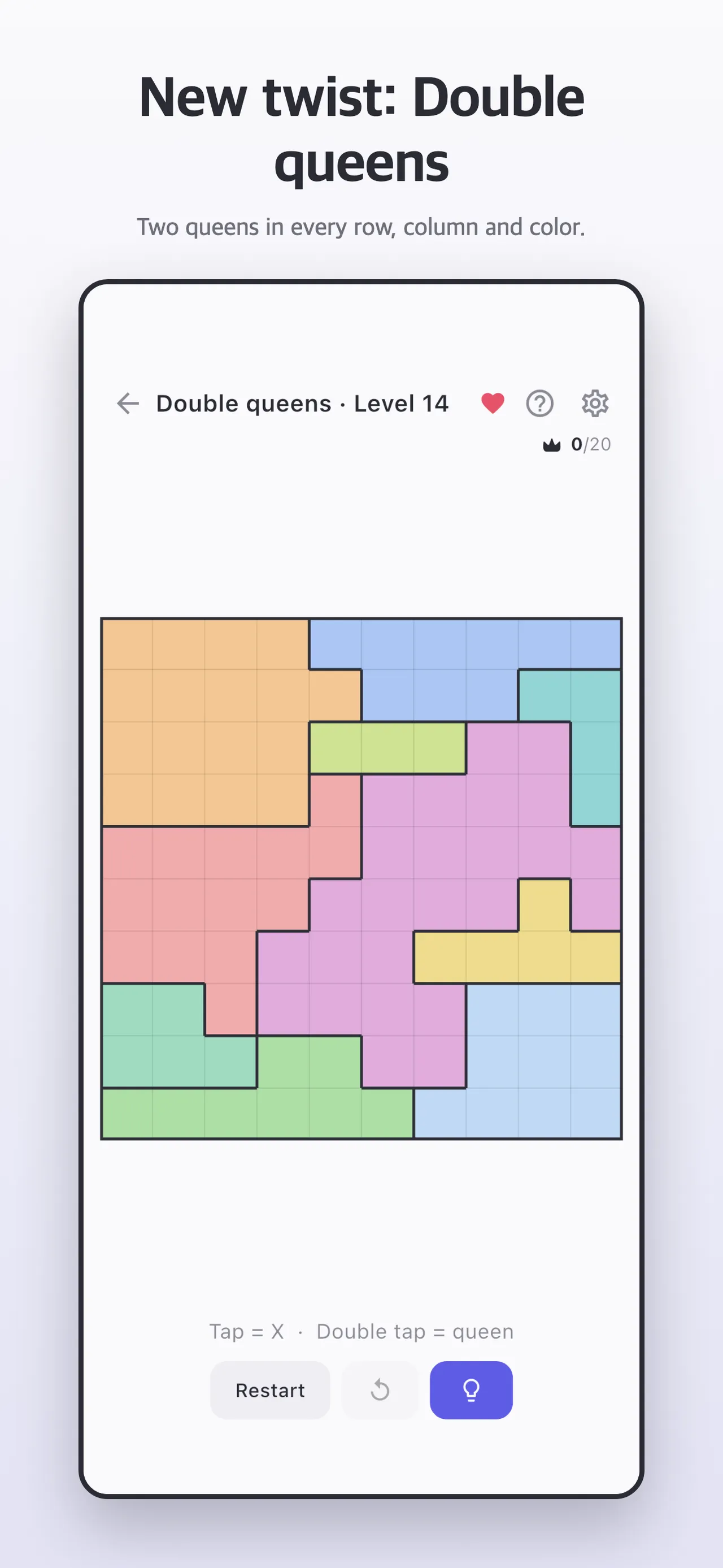 A Queenkan Double queens level 14 board with coloured regions, empty