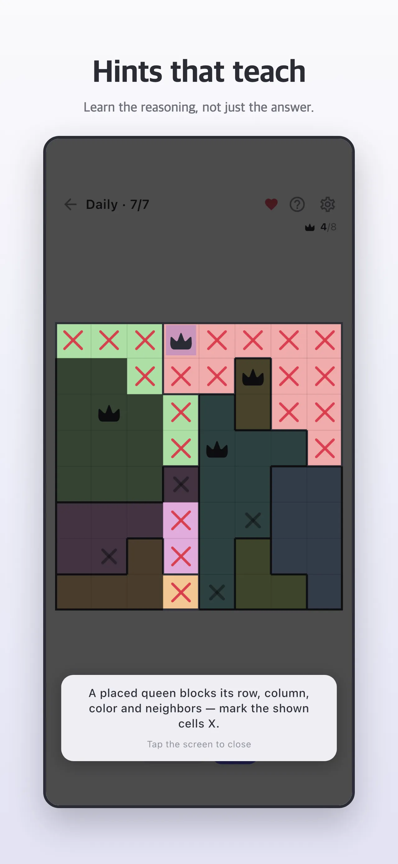 A Queenkan hint highlighting the cells a placed queen blocks, with an explanation box