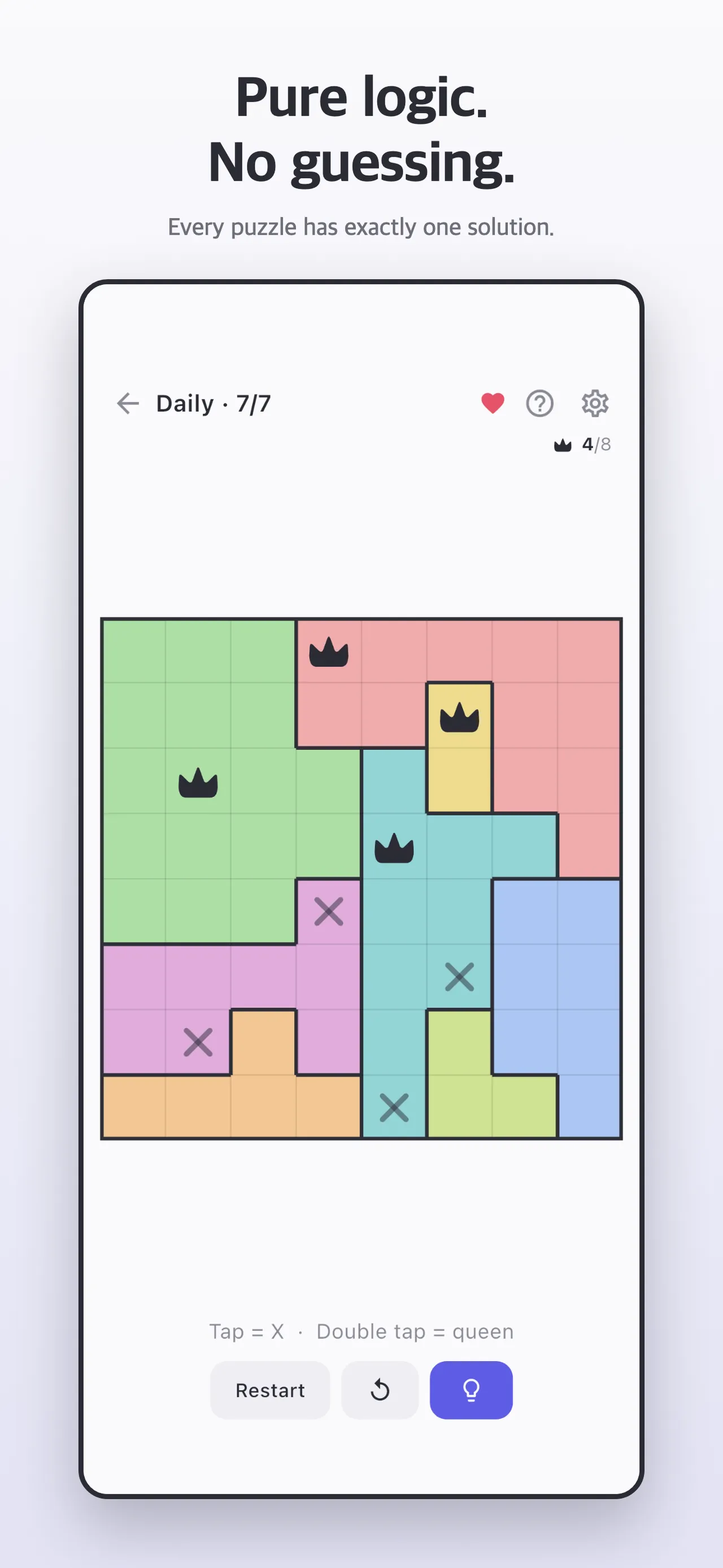 A Queenkan daily board: an 8x8 grid of coloured regions with four crowns placed and some cells marked X