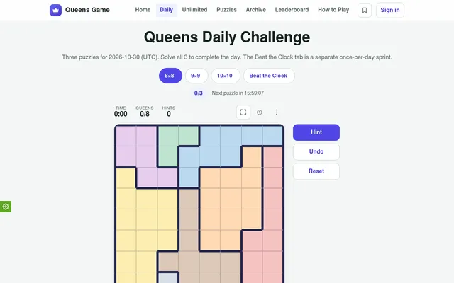 Queens Daily Challenge for 2026-10-30 (UTC): today's 8x8 board of pastel colour regions, the 8x8, 9x9, 10x10 and Beat the Clock tabs, a 0 of 3 counter and Hint, Undo and Reset